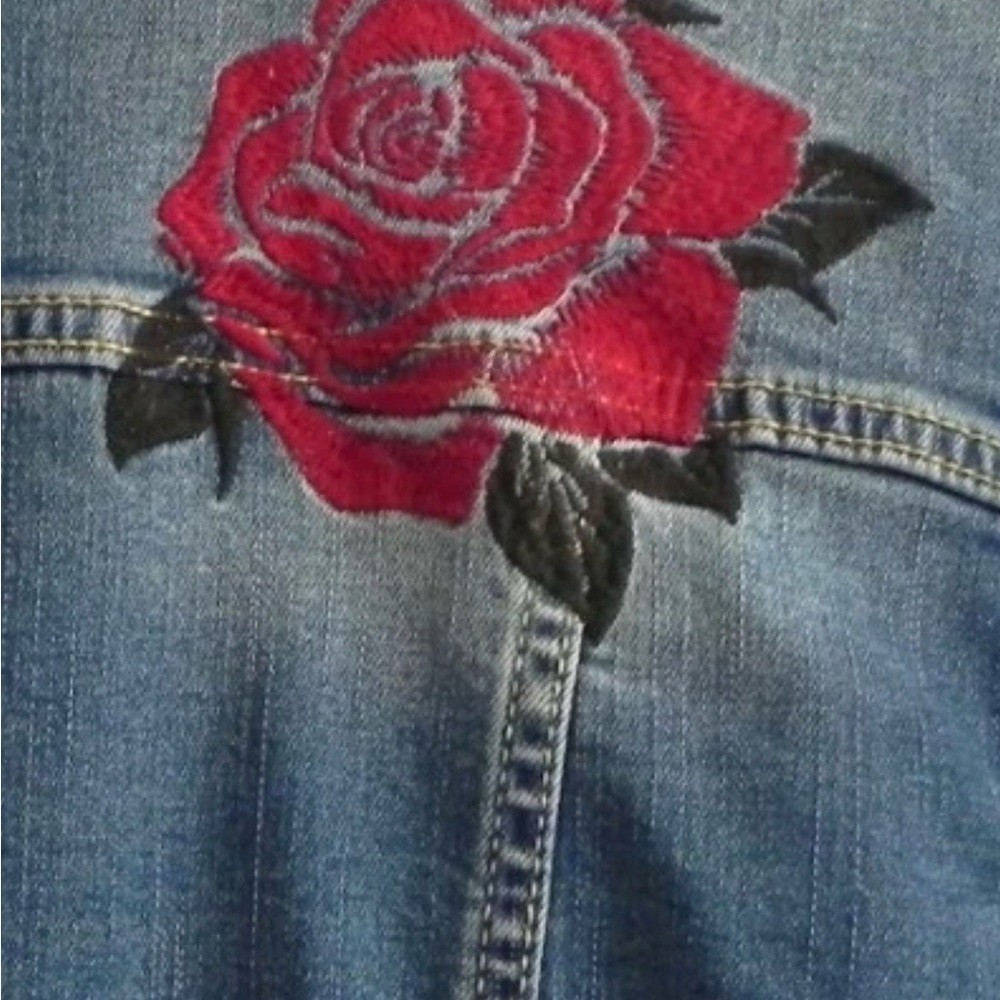 LuLaRoe Jaxon Floral Rose Embroidered Denim Jean Jacket - Picture 3 of 7